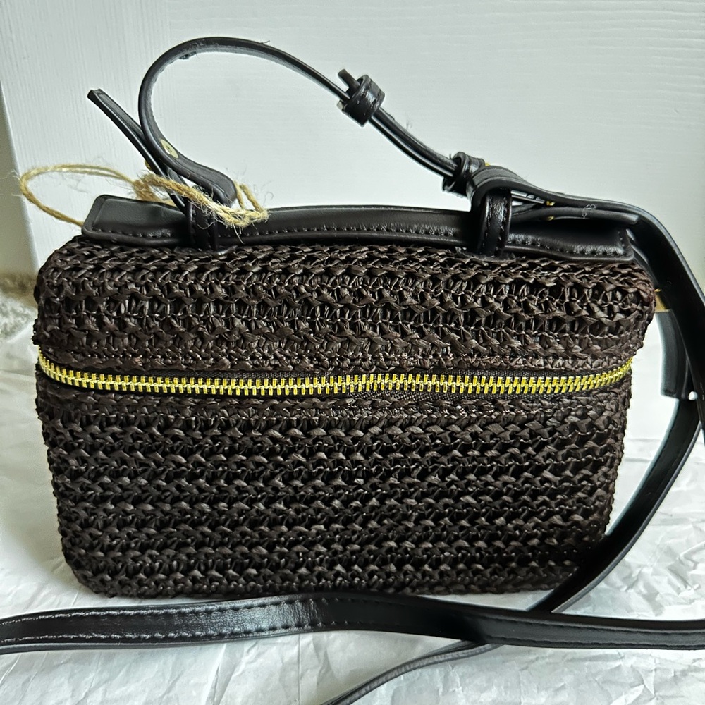 Woven Crossbody or Hand Held  Bag in Brown with Gold Zip